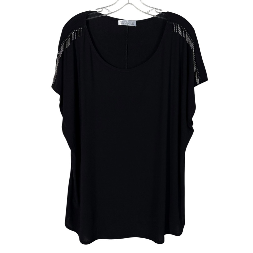 80th & Madison Black No-Iron Stretch Fringe Detail Shoulder Blouse Liquid Knit
